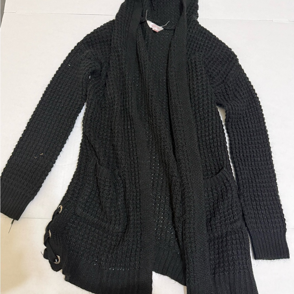 No Boundaries Black Open-Front Hooded Knit Cardigan
